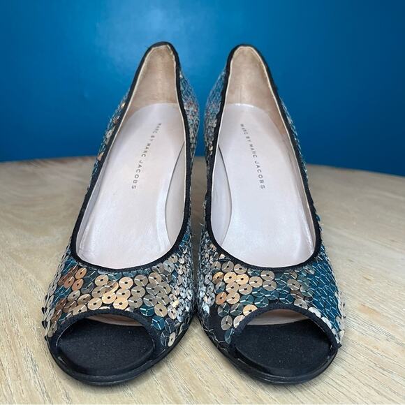 Marc by Marc Jacobs Sequin Peep Toe Pumps Satin Heels EU 40/US 9 - Picture 4 of 14